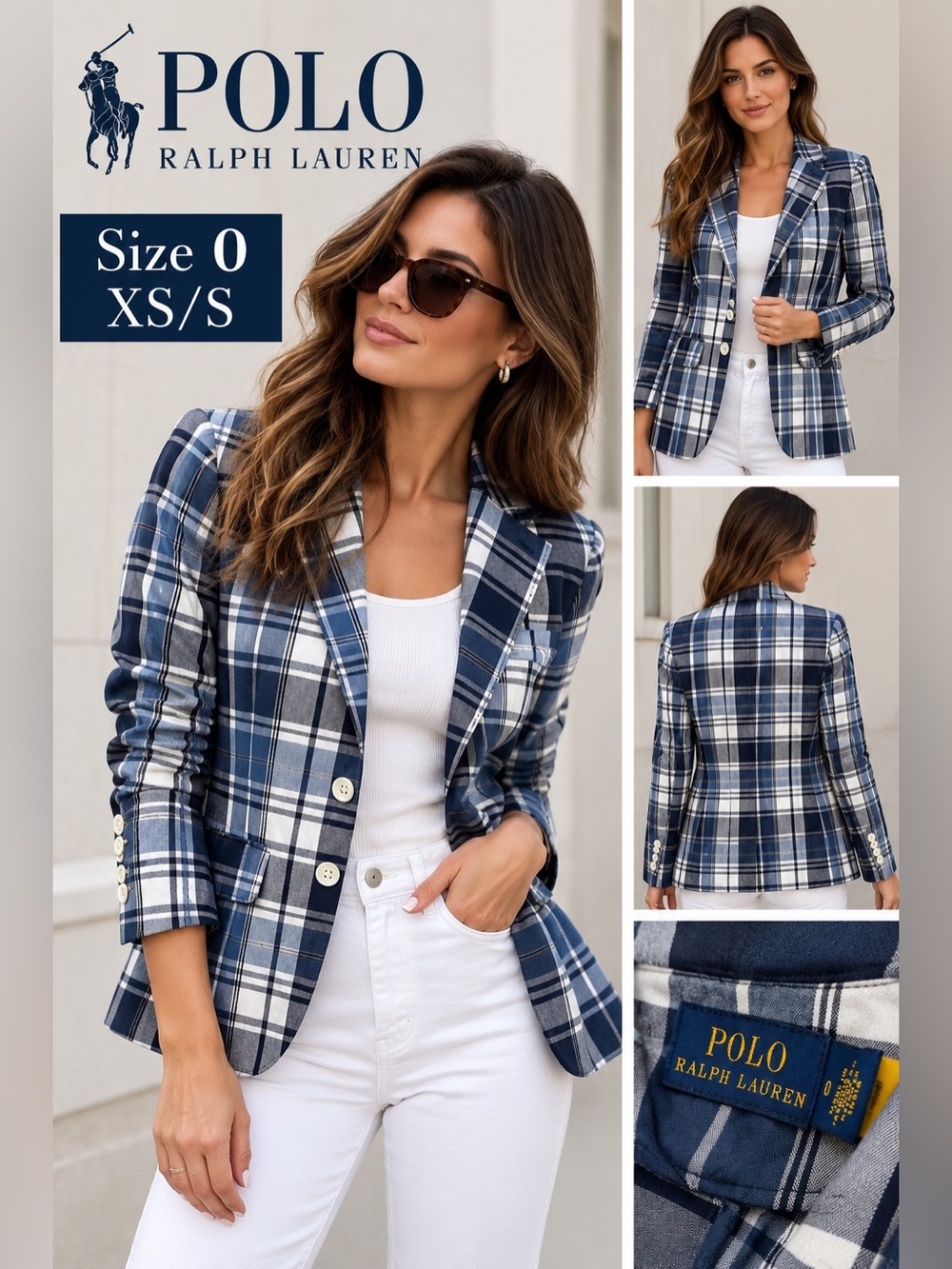 Ralph Lauren Blue and White Plaid Tailored Blazer Sz 0 XS/S NWT